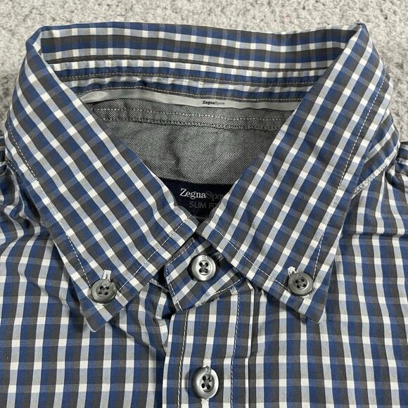 Ermenegildo Zegna Sport Shirt Men XL Blue Check Long Sleeve Button Down Slim Fit - Picture 9 of 16